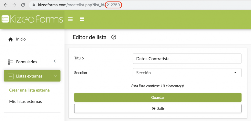 ID de una lista externa