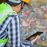 Homme scannant avec sa tablette les dchets dans une dchetterie