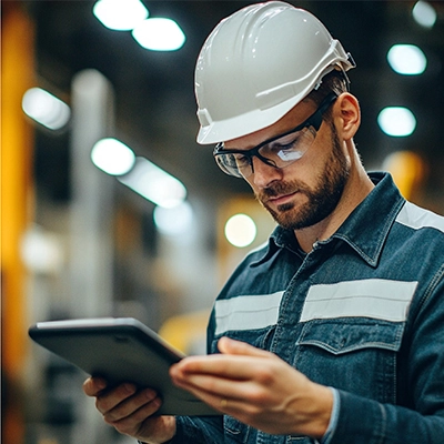 Luc responsable maintenance travaillant avec sa tablette