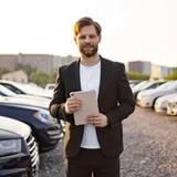Homme utilisant une tablette pour centraliser lhistorique de son parc automobile